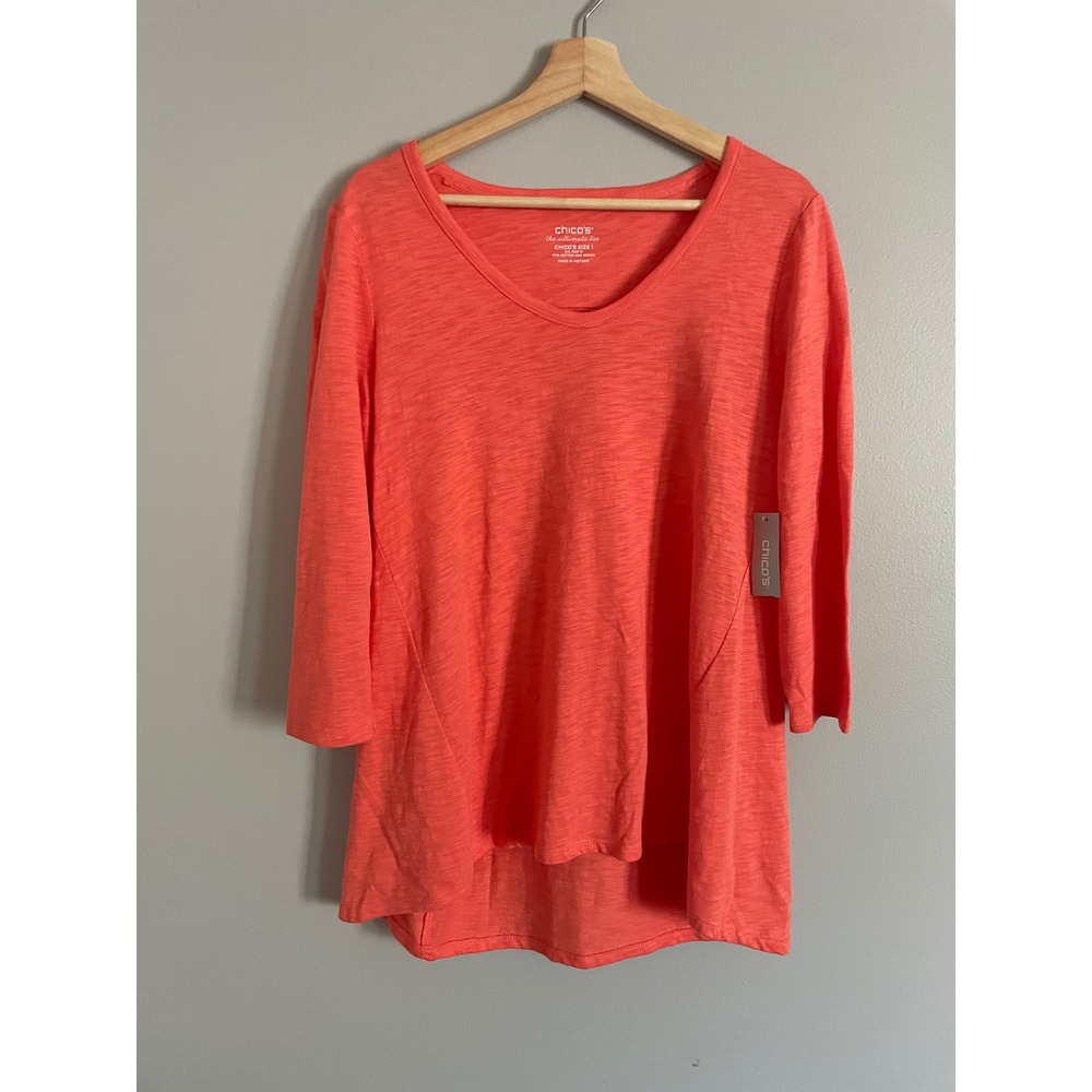 Chico's The Ultimate Tee Women 1 M Nectarine Slub Hi-Lo 3/4 Sleeve Casual Top